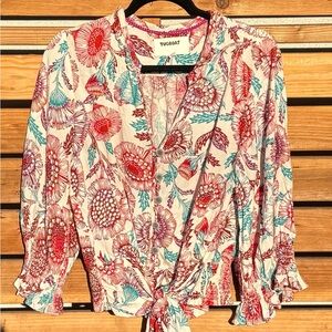 Tugboat for Anthropologie Floral Tie-Front Button-Down Top — Red & Teal
